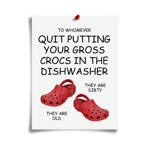 joke flyer for putting crocs in dishwasher